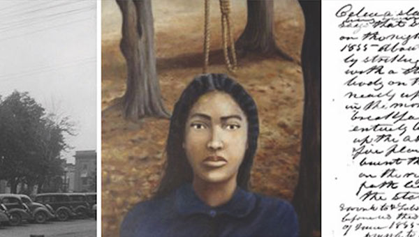 A painting of a young african american woman under a noose